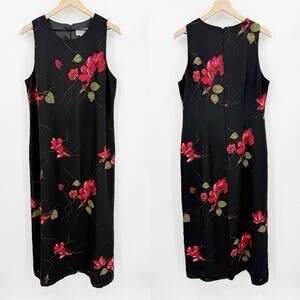 Jessica Howard Maxi Dress 16 Black Red Floral Sleeveless Sheath Lined Feminine